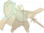  2019 4:3 anthro belly bottomwear clothing inunoshippo kemono male mammal melee_weapon necktie overweight overweight_male pants shield shirt solo sword topwear weapon 