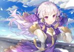  1girl arms_up bangs blue_sky blush cloud commentary_request day detached_collar dress eyebrows_visible_through_hair fire_emblem fire_emblem:_three_houses floating_hair frilled_dress frills long_hair long_sleeves looking_at_viewer lysithea_von_ordelia outdoors petals purple_dress purple_eyes ringozaka_mariko sidelocks signature silver_hair sky solo tassel upper_body veil very_long_hair wins 