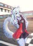  2020 accessory blue_eyes blue_hair clothed clothing crossdressing dress felid gesture girly hair hair_accessory hairband hi_res krakenparty looking_at_viewer male mammal pantherine race_queen resine smile snow_leopard v_sign 