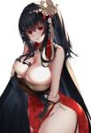  1girl :d arms_under_breasts azur_lane bangs bare_shoulders black_hair blush breasts bridal_gauntlets bursting_breasts china_dress chinese_clothes cleavage cleavage_cutout dress gloves hair_between_eyes hair_ornament head_tilt highres large_breasts long_hair looking_at_viewer one_side_up open_mouth red_dress red_eyes sg_(satoumogumogu) smile solo taihou_(azur_lane) taihou_(phoenix&#039;s_spring_song)_(azur_lane) very_long_hair 