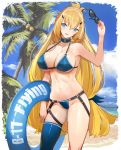  1girl :d armpits ash_arms bangs bare_shoulders bikini blonde_hair blue_bikini blue_eyes blush braid breasts choker cleavage coconut_tree eyewear_removed folded_ponytail groin hair_ornament hairclip head_tilt highres holding holding_eyewear innertube large_breasts long_hair looking_at_viewer multiple_straps navel open_mouth palm_tree pupps shiny shiny_skin sidelocks single_thighhigh skindentation smile solo stomach sunglasses swimsuit thighhighs toned tree 