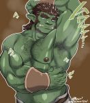  2020 armpit_hair beard bodily_fluids body_hair brown_hair chest_hair clothed clothing ear_piercing facial_hair green_body green_skin hair happy_trail humanoid humanoid_pointy_ears male marunoutisa muscular muscular_male nipples not_furry orc piercing raised_arm solo sweat topless tusks 
