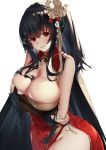  1girl :d arms_under_breasts azur_lane bangs bare_shoulders black_hair blush breasts bridal_gauntlets bursting_breasts china_dress chinese_clothes cleavage cleavage_cutout commentary dress gloves hair_between_eyes hair_ornament head_tilt highres large_breasts long_hair looking_at_viewer one_side_up open_mouth red_dress red_eyes revision sg_(satoumogumogu) smile solo taihou_(azur_lane) taihou_(phoenix&#039;s_spring_song)_(azur_lane) very_long_hair 