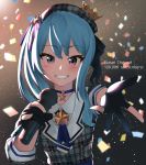  1girl black_gloves blue_hair blush buttons choker confetti crown eyebrows_visible_through_hair gloves hat highres holding holding_microphone hololive hoshimachi_suisei looking_at_viewer microphone partly_fingerless_gloves solo star suisei_channel teeth uta_(mskmkt3822) virtual_youtuber youtube_username 