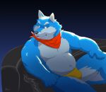  2020 absurd_res belly blue_body blue_fur bulge canid canine canis clothing fur hi_res humanoid_hands kemono male mammal moobs nookdae overweight overweight_male sitting underwear white_body white_fur wolf 