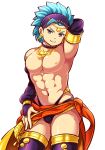  1boy abs aopanda arm_behind_head blue_eyes blue_hair bracelet bulge camus_(dq11) choker circlet dancer&#039;s_costume_(dq) dragon_quest dragon_quest_xi earrings jewelry looking_at_viewer male_focus navel nipples pelvic_curtain sash seductive_smile simple_background smile thighhighs toned toned_male white_background 