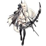  1girl animal_ear_fluff animal_ears arknights asymmetrical_shirt asymmetrical_sleeves bangs belt black_footwear black_gloves black_legwear boots bow_(weapon) breasts brown_eyes cloak compound_bow elbow_gloves expressionless eyebrows_visible_through_hair full_body gloves high_collar holding holding_bow_(weapon) holding_weapon horse_ears horse_girl horse_tail jacket long_hair long_sleeves looking_at_viewer official_art platinum_(arknights) shirt short_shorts shorts skade small_breasts solo standing tachi-e tail thighhighs transparent_background very_long_hair weapon white_cloak white_hair white_shirt white_shorts wide_sleeves zipper 