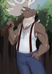  antlers armpit_hair axe bodily_fluids body_hair bottomwear capreoline cervid clothed clothing father_hill hi_res horn jeans male mammal melee_weapon moose muscular muscular_male outside pants solo suspenders sweat tree weapon 