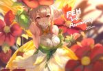  1girl arm_up armpits bare_shoulders blonde_hair blush breasts cleavage dress fairy_wings fire_emblem fire_emblem_heroes flower gradient_hair long_hair multicolored_hair official_art peony_(fire_emblem) pointy_ears purple_eyes red_flower sideboob skindentation sleeveless smile solo sweat twintails wings yoshiku_(oden-usagi) 