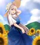  1girl absurdres blue_dress blue_eyes dress flower hat highres lexington_(warship_girls_r) long_hair mountain platinum_blonde_hair smile sunflower uss_lexington_(cv-2) warship_girls_r xiao_qi 