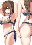  1girl ahoge ass back bangs bare_shoulders blush braid braided_ponytail breasts brown_eyes brown_hair cleavage collarbone idolmaster idolmaster_shiny_colors kuwayama_chiyuki large_breasts long_braid long_hair looking_at_viewer multiple_views navel open_mouth simple_background single_braid smile white_background yamaburo 