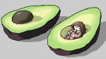  1girl avocado blush_stickers brown_hair closed_eyes closed_mouth food from_side fruit grey_background highres in_container knees_to_chest knees_up leg_hug long_hair long_sleeves minigirl no_nose original pajamas simple_background solo tsukumizu_yuu 
