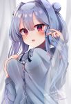  1girl :d bangs beniko_(ymdbnk) blue_hair blush breasts button_gap commentary_request curtains dated double_bun dress_shirt eyebrows_visible_through_hair grey_shirt hair_between_eyes hair_intakes hand_on_own_chest large_breasts long_hair long_sleeves looking_at_viewer open_mouth original red_eyes shirt signature smile solo transparent twintails twintails_day upper_body 