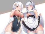  2girls apron ass_visible_through_thighs asymmetrical_docking azur_lane bangs bare_shoulders black_hairband black_skirt blunt_bangs blush braid breast_curtains breast_press breasts center_frills china_dress chinese_clothes clothes_lift commentary_request cowboy_shot crown_braid dido_(azur_lane) dress earrings eyebrows_visible_through_hair flower garter_straps groin hair_between_eyes hair_flower hair_ornament hairband hand_on_own_chest hand_up highres jewelry large_breasts lifted_by_self long_hair looking_at_viewer multiple_girls no_panties panties pelvic_curtain petticoat pink_eyes red_eyes revealing_clothes rose shawl shirt short_hair side_slit sidelocks silver_hair sirius_(azur_lane) sirius_(azure_horizons)_(azur_lane) skirt skirt_lift sleeveless sleeveless_shirt standing tatsumiya_kagari thighhighs thighs underboob_cutout underwear waist_apron white_apron white_hair white_legwear white_panties white_shirt yellow_flower yellow_rose 