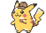 3d :3 animated animated_gif black_eyes commentary commission cortoony creature detective_pikachu detective_pikachu_(character) english_commentary full_body gen_1_pokemon hat looking_at_viewer lowres no_humans pikachu pixel_art pokemon pokemon_(creature) smile solo spinning standing transparent_background 