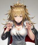  1girl anbe_yoshirou animal_ears arknights black_jacket black_nails blonde_hair breasts claw_pose cleavage collar collarbone fur_collar hands_up highres jacket large_breasts lion_ears long_hair looking_to_the_side mouth_hold nail_polish open_clothes open_jacket ponytail shirt siege_(arknights) sleeveless sleeveless_shirt solo upper_body white_shirt yellow_eyes 