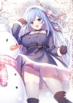  1girl :d bangs blue_hair blush boots breasts choker coat_dress day emori_miku emori_miku_project eyebrows_visible_through_hair grey_legwear hair_ornament hairclip hands_up heart heart_choker highres knee_boots large_breasts long_hair looking_at_viewer miko_92 mittens open_mouth outdoors panties purple_coat purple_eyes purple_panties sash skindentation smile snowing snowman solo thighhighs tree underwear very_long_hair 