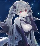  1girl :o azur_lane bangs bare_shoulders between_breasts black_dress blush breasts bubble butasanp cleavage commentary_request dress earrings eyebrows_visible_through_hair flight_deck formidable_(azur_lane) frilled_dress frills grey_hair hair_ribbon hand_up head_tilt highres jewelry large_breasts long_hair long_sleeves looking_at_viewer red_eyes ribbon rigging solo twintails two-tone_dress two-tone_ribbon underwater very_long_hair 