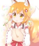  1girl :o animal_ear_fluff animal_ears apron araki495 bangs blush bow brown_apron bubble commentary_request eyebrows_visible_through_hair flower fox_ears fox_girl fox_tail hair_between_eyes hair_flower hair_ornament holding japanese_clothes kimono long_sleeves orange_hair parted_lips red_bow red_flower ribbon-trimmed_sleeves ribbon_trim senko_(sewayaki_kitsune_no_senko-san) sewayaki_kitsune_no_senko-san solo tail white_kimono wide_sleeves yellow_eyes 