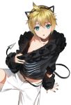  1boy aqua_eyes arm_support black_nails downblouse headset kagamine_len looking_at_viewer male_focus nail_polish naoko_(naonocoto) nipples open_mouth revision ruffled_sleeves self_exposure shorts sitting vocaloid 