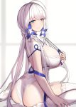  1girl ass azur_lane bangs blue_eyes blush breasts commentary_request dress eyebrows_visible_through_hair from_side hair_ornament hair_ribbon illustrious_(azur_lane) large_breasts long_hair looking_at_viewer mole mole_under_eye ribbon sitting siu_(siu0207) smile solo thighhighs white_dress white_hair 
