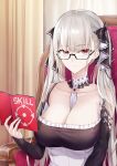  1girl absurdres azur_lane between_breasts black_dress black_nails book breasts chair cleavage curtains dress eyebrows_visible_through_hair formidable_(azur_lane) frilled_dress frills glasses hair_ribbon highres holding holding_book large_breasts long_hair platinum_blonde_hair red_eyes ribbon semi-rimless_eyewear sitting suprii twintails two-tone_dress two-tone_ribbon under-rim_eyewear upper_body very_long_hair 