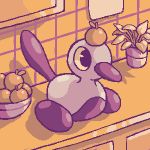  alternate_color animated animated_gif bird bird_focus black_eyes bowl commentary cortoony creature english_commentary food fruit full_body gen_2_pokemon indoors no_humans on_head orange plant pokemon porygon2 shiny_pokemon solo tile_wall tiles 