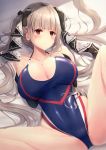  1girl azur_lane bangs bare_shoulders blush breasts cleavage competition_swimsuit detached_sleeves eyebrows_visible_through_hair formidable_(azur_lane) hair_ribbon highleg highleg_swimsuit highres large_breasts light_brown_hair liya long_hair looking_at_viewer lying on_back one-piece_swimsuit orange_eyes ribbon skindentation solo spread_legs swimsuit thighs twintails two-tone_ribbon very_long_hair 