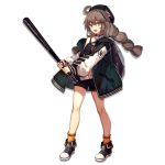  1girl :d ahoge arknights backpack bag baggy_clothes bangs baseball_bat belt black_footwear black_headwear black_shorts breasts brown_hair choker cuora_(arknights) full_body green_eyes green_hair green_jacket hair_between_eyes hat holding_baseball_bat jacket long_hair looking_at_viewer multicolored_hair official_art open_clothes open_jacket open_mouth orange_legwear pocket shoes shorts sidelocks skade small_breasts smile sneakers socks solo sports_bra standing streaked_hair tachi-e thighs tied_hair transparent_background zipper 