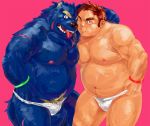  2012 amamiya anthro barazoku belly blue_body blue_fur bulge canid canine clothing duo fur hi_res human humanoid_hands kemono male mammal moobs nipples pubes scar simple_background tongue tongue_out underwear 