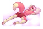  4_toes blue_eyes bulge canid canine canis clothed clothing dipstick_tail fur hair lockworkorange looking_at_viewer lying male mammal milkgila multicolored_tail on_front pawpads pillow pink_body pink_fur pink_hair pink_pawpads raised_tail smile solo toes topless underwear wolf 