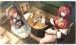  2girls ange_katrina animal_ears bangs black_gloves blue_eyes book book_stack brown_hair closed_eyes crossed_bangs cup deer_ears eli_conifer from_above gloves headdress highres indoors long_hair looking_at_another low_twintails multiple_girls nijisanji open_book red_hair short_hair sitting smile table teacup teapot twintails virtual_youtuber yu_ni_t 