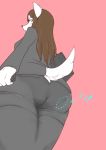  2019 absurd_res anthro brown_hair butt canid canine clothed clothing female fully_clothed grey_clothing hair hi_res low-angle_view mammal rigi simple_background solo 