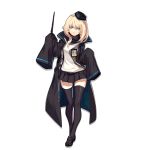  1girl arknights bangs black_coat black_footwear black_headwear black_legwear black_skirt blonde_hair blue_eyes breasts durin_(arknights) expressionless full_body hair_between_eyes hat holding holding_wand long_hair looking_at_viewer mary_janes medium_breasts mini_hat miniskirt name_tag official_art pleated_skirt popped_collar scarf shirt shoes sidelocks skade skirt sleeves_past_fingers sleeves_past_wrists solo standing tachi-e thighhighs transparent_background wand white_shirt zettai_ryouiki 