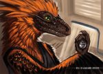  2020 black_body black_feathers digital_media_(artwork) dinosaur dromaeosaurid feathers flashw green_eyes kri_(mechgryph) reptile scales scalie theropod 