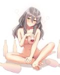  1girl blush bottle breasts brown_eyes cup drinking_glass drunk grey_hair hair_between_eyes highres kantai_collection large_breasts long_hair looking_at_viewer moose_(moosemitchell2) nude pola_(kantai_collection) pubic_hair simple_background sitting solo wavy_hair white_background 