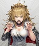  1girl anbe_yoshirou animal_ears arknights black_jacket black_nails blonde_hair breasts claw_pose cleavage collar collarbone commentary emphasis_lines fangs fur_collar hands_up highres jacket large_breasts lion_ears long_hair looking_at_viewer nail_polish open_clothes open_jacket open_mouth ponytail shirt siege_(arknights) sleeveless sleeveless_shirt solo upper_body white_shirt yellow_eyes 
