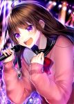  1girl :d bangs black_sailor_collar blurry blurry_background blush bow brown_hair commentary_request crying crying_with_eyes_open depth_of_field eyebrows_visible_through_hair hair_between_eyes hands_up highres holding holding_microphone long_hair long_sleeves maria_(maria0304) microphone open_mouth original pink_sweater purple_eyes red_bow round_teeth sailor_collar school_uniform serafuku shirt sleeves_past_wrists smile solo sweater tears teeth upper_body upper_teeth white_shirt 