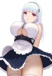  1girl :o abeen_jhong absurdres apron arms_behind_back azur_lane bangs black_hairband black_skirt blunt_bangs blush breasts center_frills commentary_request dido_(azur_lane) earrings eyebrows_visible_through_hair frilled_apron frilled_shirt frilled_skirt frills groin hairband highres jewelry large_breasts long_hair looking_at_viewer no_panties open_mouth purple_eyes shirt silver_hair skirt sleeveless sleeveless_shirt thighhighs thighs underboob underboob_cutout upskirt waist_apron white_legwear white_shirt 