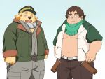  2019 4:3 anthro belly bottomwear canid canine canis clothing cu_sith_(tas) domestic_dog duo hat headgear headwear hoodie human humanoid_hands inunoshippo kemono male mammal navel overweight overweight_male pants shirt simple_background tokyo_afterschool_summoners topwear video_games 