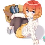  1girl :3 aran_sweater bangs black_legwear blush box cardboard_box dd_(ijigendd) etorofu_(kantai_collection) eyebrows_visible_through_hair full_body gradient_hair highres kantai_collection long_sleeves multicolored_hair no_shoes orange_hair purple_eyes red_hair short_hair simple_background sitting skirt smile socks solo sweater thick_eyebrows white_background white_sweater yellow_skirt 