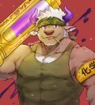  accessory anthro armband body_hair bovid bovine brown_body brown_fur cattle chest_hair clothed clothing fur hair headband horn male mammal shennong shirt simple_background solo tank_top tokyo_afterschool_summoners topwear video_games white_hair yanutorie 
