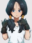  1girl black_gloves black_hair blue_eyes dragon_ball dragon_ball_z fingerless_gloves gloves grey_background kemachiku long_hair looking_to_the_side shirt short_sleeves simple_background solo twintails videl white_shirt 