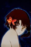  1girl brown_eyes brown_hair commentary_request fish hair_ornament hairclip iwakura_lain jippu_(45fun) looking_at_viewer serial_experiments_lain shirtless short_hair simple_background solo 