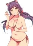  1girl animal_ears bikini breasts cat_ears cleavage collarbone cowboy_shot deyuuku fake_animal_ears green_eyes grin large_breasts long_hair looking_at_viewer love_live! love_live!_school_idol_project low_twintails micro_bikini navel pink_scrunchie purple_hair red_bikini scrunchie side-tie_bikini simple_background smile solo swimsuit toujou_nozomi twintails white_background 