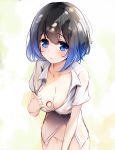  1girl 373012201 black_hair blue_eyes blue_hair bottomless breasts chest_tattoo cleavage commentary_request covered_nipples covering covering_crotch eyebrows_visible_through_hair gradient_hair highres honkai_(series) honkai_impact_3rd large_breasts leaning_forward looking_at_viewer multicolored_hair naked_shirt no_bra no_panties see-through seele_vollerei shirt simple_background solo tattoo two-tone_hair wet wet_clothes wet_hair wet_shirt 