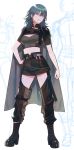  1girl alternate_costume belt blue_eyes blue_hair boots breasts buckle byleth_(fire_emblem) byleth_(fire_emblem)_(female) cape crop_top detached_leggings etteokiii fire_emblem fire_emblem:_three_houses full_body high_heel_boots high_heels highres long_hair medium_breasts midriff short_sleeves shorts solo white_background 