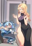  2girls :3 ^_^ amy_razor black_eyepatch blonde_hair blue_hair blush blush_stickers breasts clapping closed_eyes dancing dress earrings hair_between_eyes highres hoyo jewelry large_breasts last_origin long_dress long_hair lrl_(last_origin) motion_blur multiple_girls open_mouth print_eyepatch side_slit smile striped striped_legwear thick_thighs thighs wide_hips 