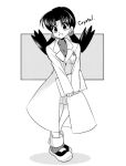  1girl ayateaori breasts crystal_(pokemon) earrings full_body greyscale jewelry labcoat long_hair looking_at_viewer monochrome pokemon pokemon_special small_breasts solo star star_earrings twintails 