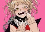  1girl bags_under_eyes bangs blonde_hair blush boku_no_hero_academia commentary crazy_eyes crazy_smile double_bun eyebrows_visible_through_hair fangs finger_in_mouth hand_to_own_mouth hands_up highres kuronuko_neero long_sleeves looking_at_viewer medium_hair messy_hair neckerchief open_mouth pink_background red_neckwear scarf simple_background smile solo sweater toga_himiko upper_body yellow_eyes 